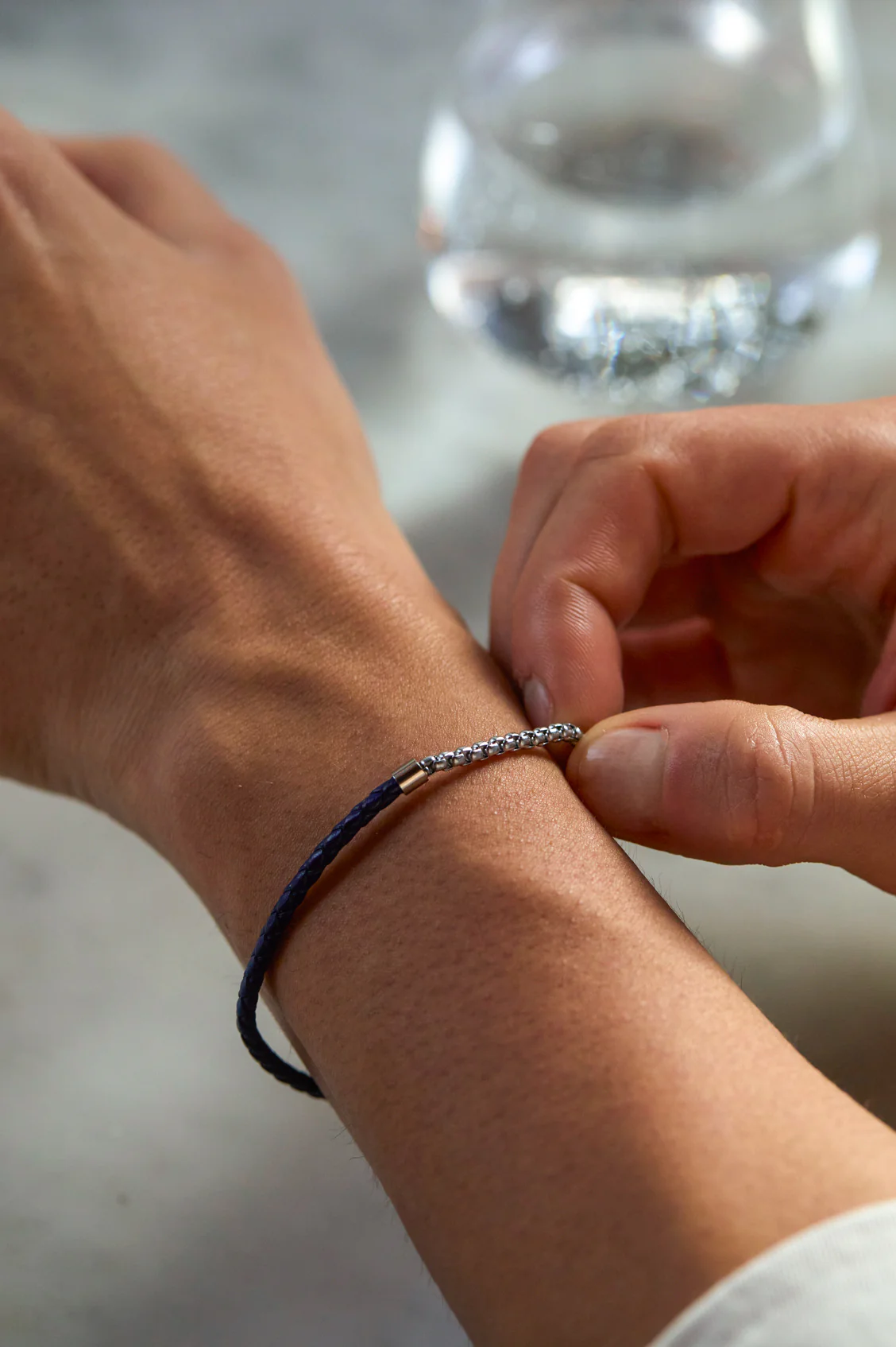 Men's Navy Blue Leather and Chain Hook Bracelet - Image 2