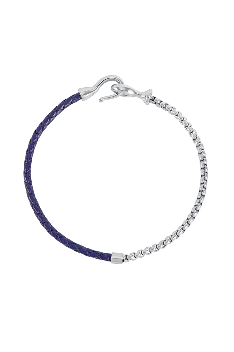 Men's Navy Blue Leather and Chain Hook Bracelet - Image 3