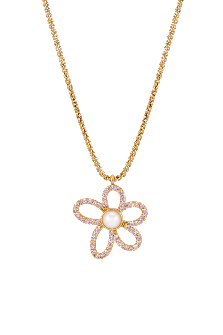 Pink And Pearl Tennis Chain Flower Necklace - Image 3