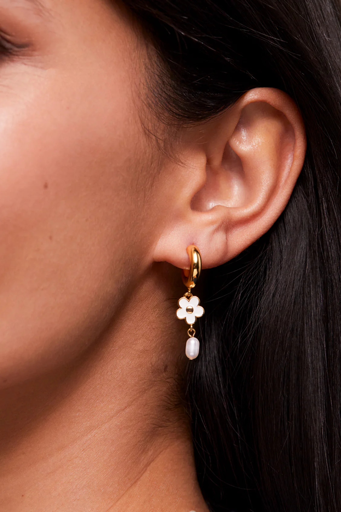 Enamel Flower Pearl Drop Hoops - Image 2