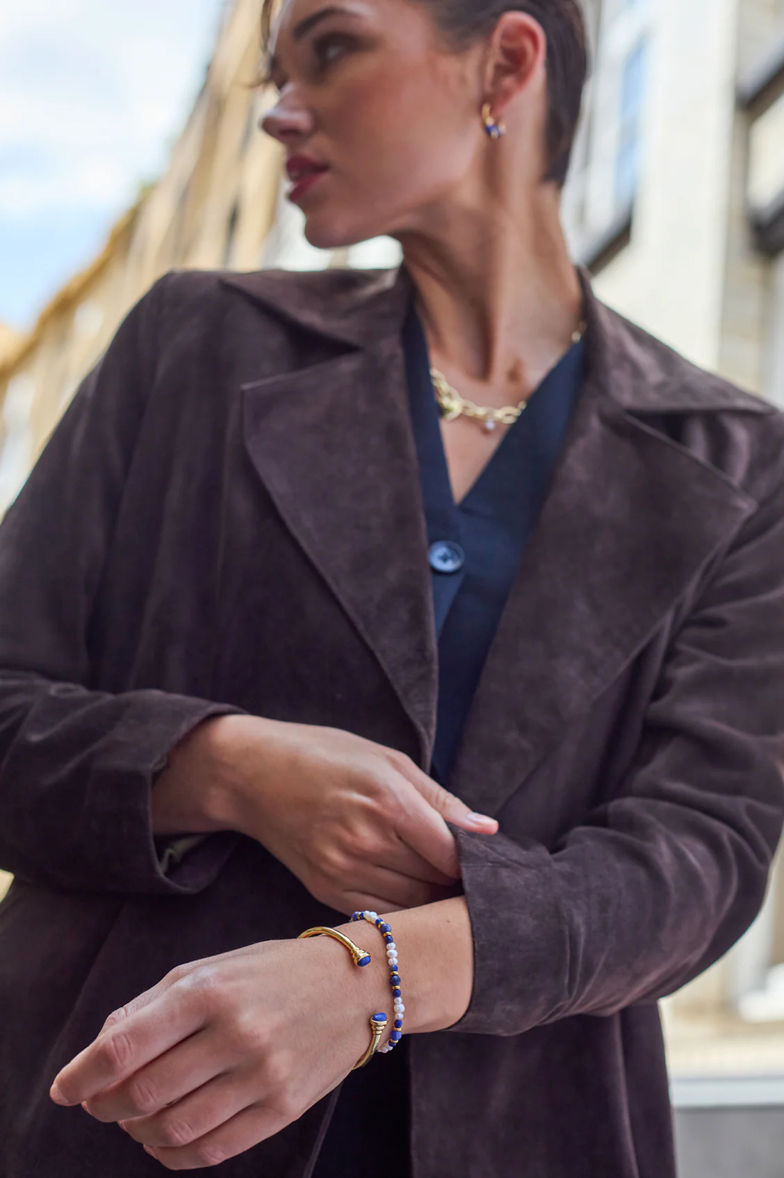 Lapis Lazuli and Pearl Beaded T-Bar Bracelet - Image 4