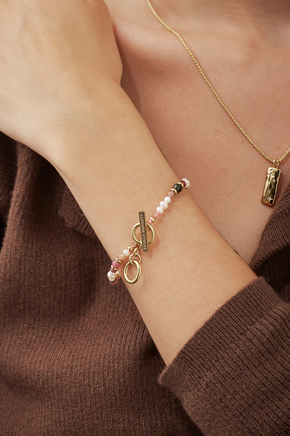 Tourmaline and Pearl Beaded T-Bar Bracelet - Image 2