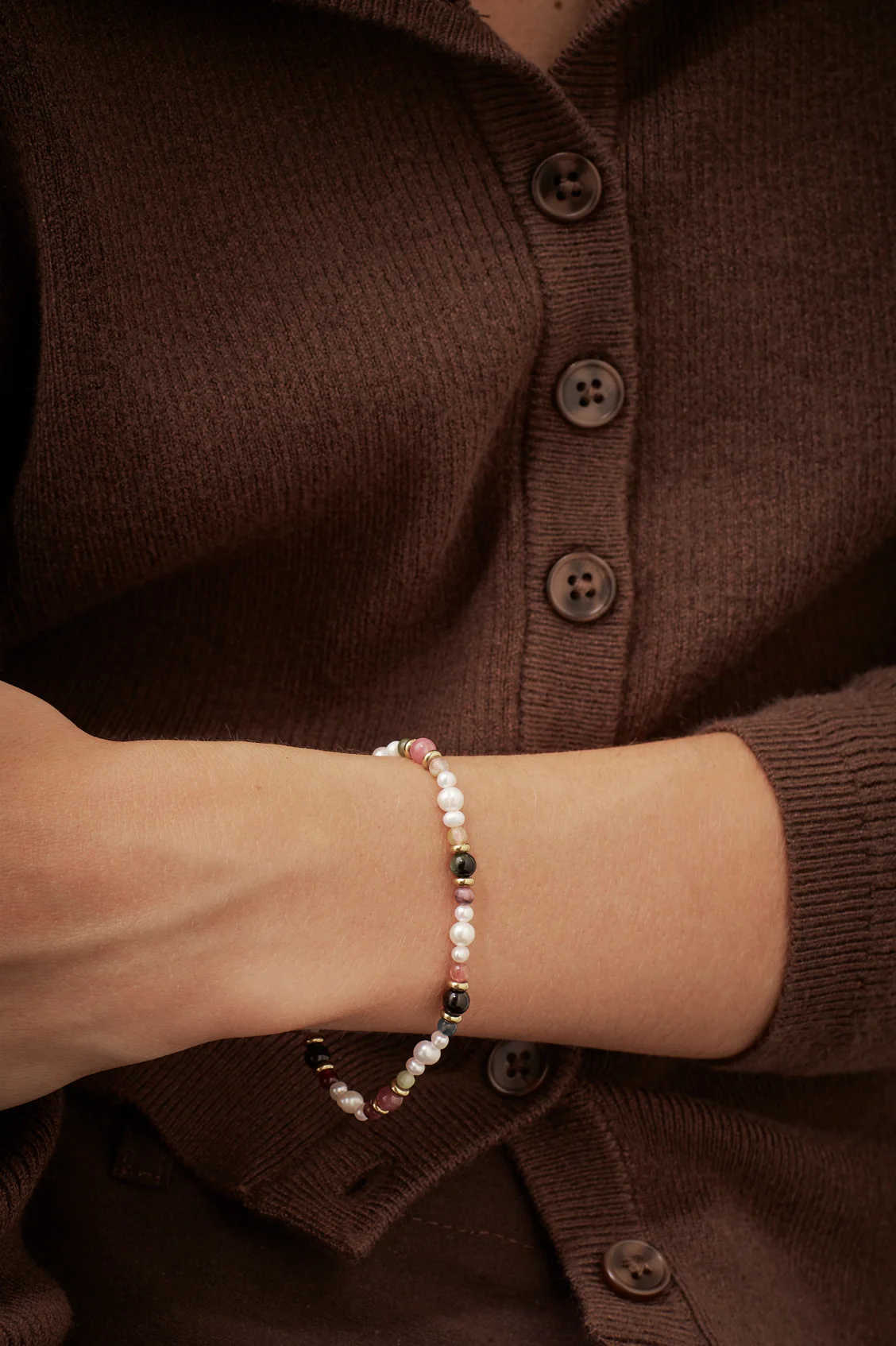 Tourmaline and Pearl Beaded T-Bar Bracelet - Image 5