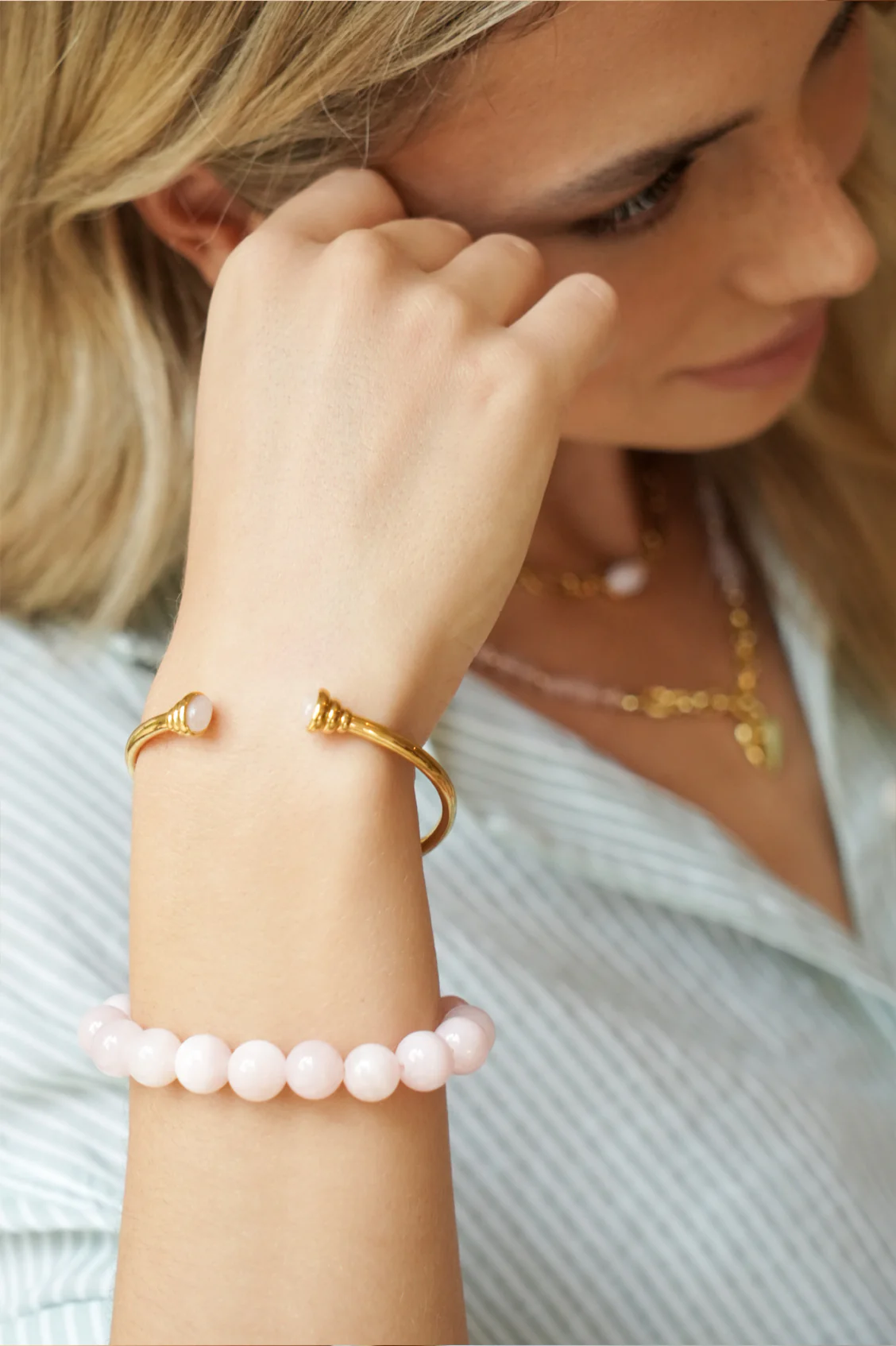 Rose Quartz Cabochon Open Bangle - Image 2