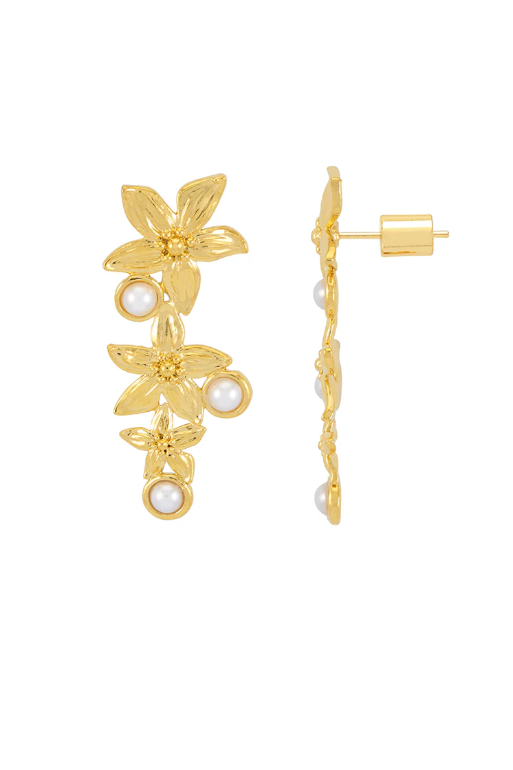 Triple Flower Pearl Drop Earrings - Image 3